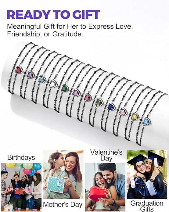 Richsteel Double Layer Heart/Butterfly Birthstone Anklet for Women Non Tarnish Waterproof, Silver/Gold/Black Stainless Steel 8.5-10.5 Inch Adjustable Chain Anklets Jewelry Gifts for Her