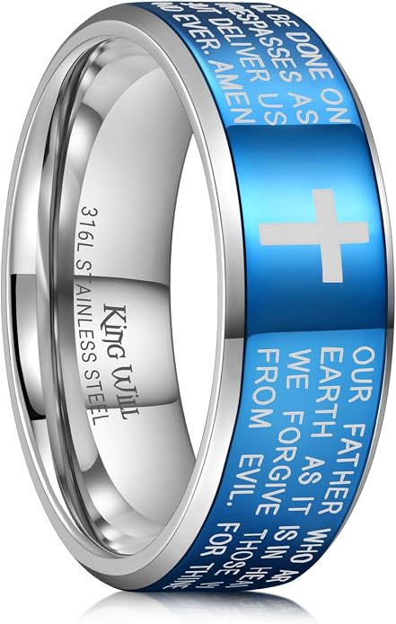 King Will Stainless Steel Men Ring Lord's Prayer Cross Ring Stainless Steel Men Wedding Ring, Wedding Band Bible Engraved Rings High Polished, Comfort Fit