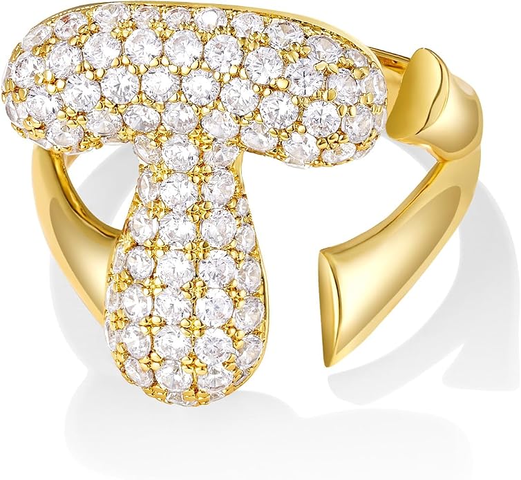 KissYan Bubble Initial Ring for Women, 14K Gold Plate Balloon Jumbo Letter Rings Open Adjustable Dainty Pave CZ Personalized Fashion Jewelry Gift for Mother's Day