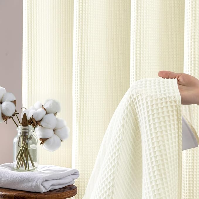 River Dream Cotton Blend Fabric Shower Curtain Set with Liner, Cream, 71x86 | Waffle Weave, No Hook Needed, with Snap in Replacement Liner, Top Sheer Window, Hotel Quality for Bathroom, Extra Long