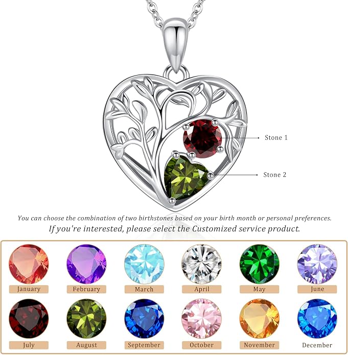 Tree of Life Birthstone Necklace Birthday Gifts 925 Sterling Silver Heart Pendant Birthstone Necklaces for Women Personalized 2 Gemstone Anniversary Graduation Gifts for Her Wife Mom