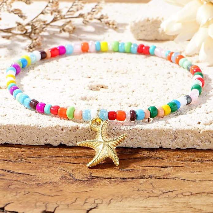 Shell Starfish Ankle Bracelet Set for Women,Handmade Bohemian Colorful Beaded Layered Hawaiian Beach Seashell Starfish Foot Jewelry Gifts Friendship Family