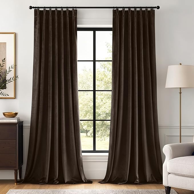 MIULEE Chocolate Brown Velvet Curtains 90 inches Long, Pinch Pleated Blackout Drapes with Hooks, Thermal Insulated Pinch Pleat Panels for Bedroom Living Room, 2 Panels