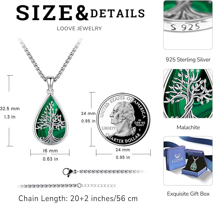 Jewelry Gifts - Tree of Life Necklace Sterling Silver Abalone Shell/Opal/Moonstone/Black Onyx/Turquoise/Malachite/Crystal Family Tree of Life Jewelry for Women Men