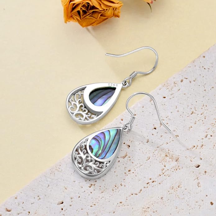 VONALA Abalone Shell Filigree Earrings 925 Sterling Silver Half Butterfly/Dragonfly Teardrop/Long/Vintage Abalone Shell Drop Dangling Earrings Bohemian Jewelry Gifts for Women