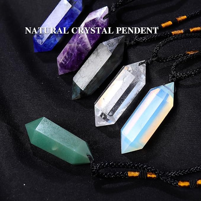 Runyangshi Opal Healing Crystal Pendants, Double Pointed Crystal Quartz Necklace 6 Faceted Chakra Crystal Wand Stone