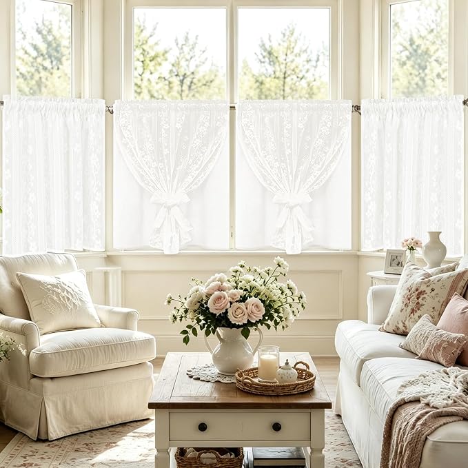 ASPMIZ Linen Kitchen Curtains Double Layer Kitchen Window Curtains Over Sink 36 Inch Length White Tier Curtain Light Filtering, Rod Pocket Cafe Curtain Short Window Treatments with 2 Tiebacks, 26x36