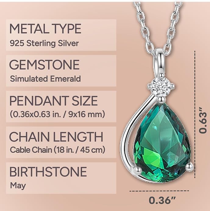 ADITA GOLD Birthstone Necklace for Women, 925 Sterling Silver Teardrop Pendant, Simulated Gemstone, Birthstone Jewelry