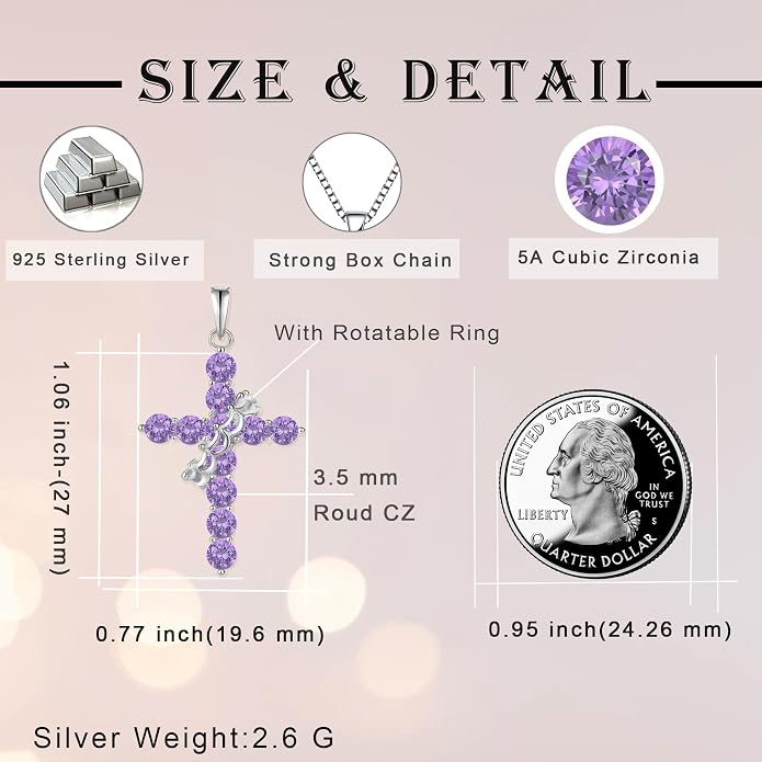Rotated Crown Cross Necklaces for Women, 925 Sterling Silver Round Cut Zircon Neckalce Pendant With Ring Birthstones Jewelry for Her