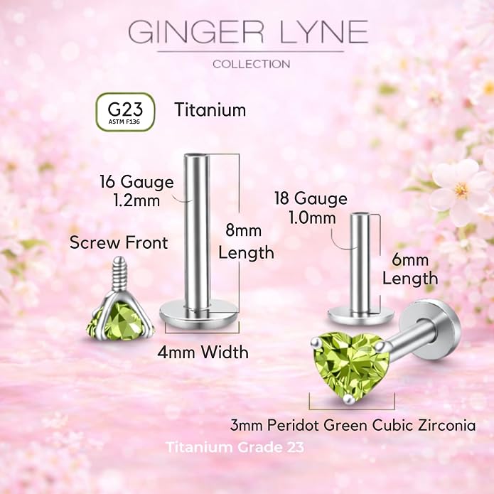 Titanium Heart CZ Labret Stud Earrings for Piercings by Ginger Lyne 6Pc Set G23 Screw Front Flat Back Body Jewelry 2 pair post 6mm, 8mm Cartilage, Helix, Tragus, Lip, Conch, Lobe