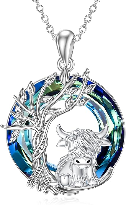 Highland Cow Gifts for Women 925 Sterling Silver Highland Cow Birthstone Necklace Fluffy Cow Jewelry Gifts Birthday Christmas