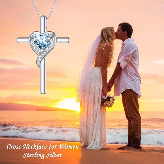 TOUPOP Birthstone Cross Necklace for Women 925 Sterling Silver Heart Cross Pendant Necklace Mothers Day Birthday Jewelry Gifts for Mom Wife Her
