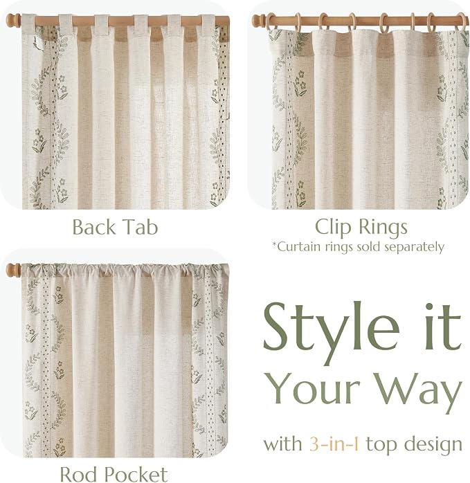 jinchan Floral Linen Curtains 108 Inch Back Tab 2 Panels Sage Green | Embroidered curtains,boho curtains,living room,bedroom,light filtering,privacy,flower patterned drapes,window treatment