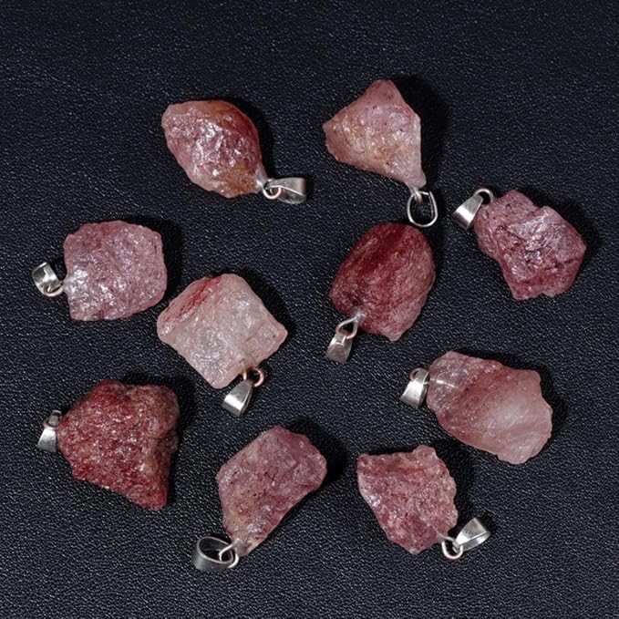10pcs Irregular Raw Natural Strawberry Rock Stone Pendant Healing Crystal Chakra Gemstone Charm for Jewelry Making DIY Necklace Earrings Accessories Reiki