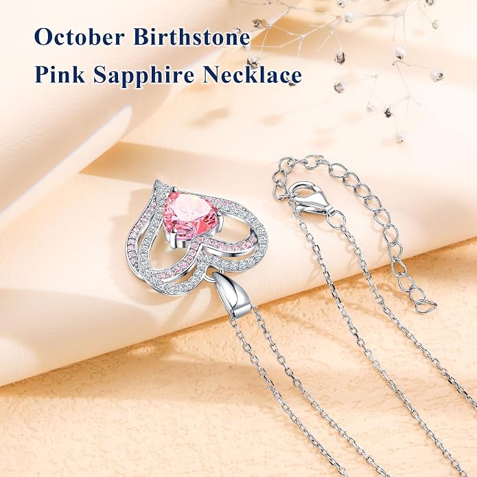 Anniversary Charm Necklace, Sterling Silver 14K Gold Plated Chain with Interlocking Heart Pendant Elegant Birthstone Necklaces for Women, Length 18"