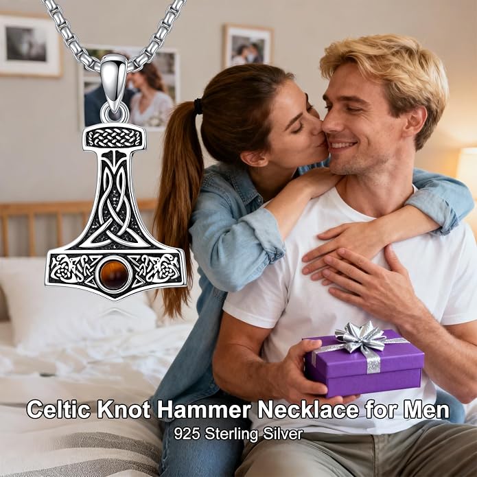 PROESS Viking Axe/Sword/Skull Necklace S925 Sterling Silver Thors Hammer Necklace Amulet Dagger Pendant Norse Viking Rune Jewelry Gifts for Men Women