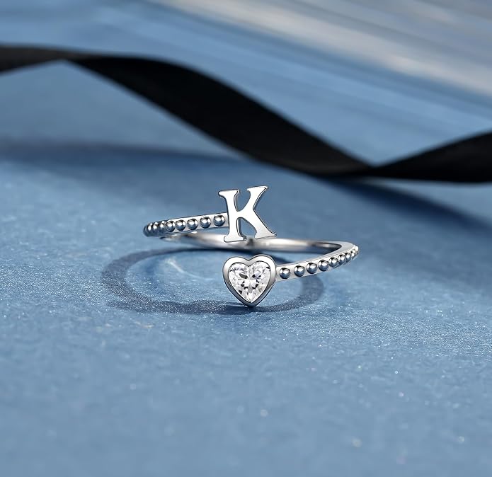 Step Forward 925 Sterling Silver Adjustable Initial Ring for Women | Non Tarnish Letter Rings for Lady | Alphabet Heart Thumb Rings | Capital Letter Jewelry Gifts