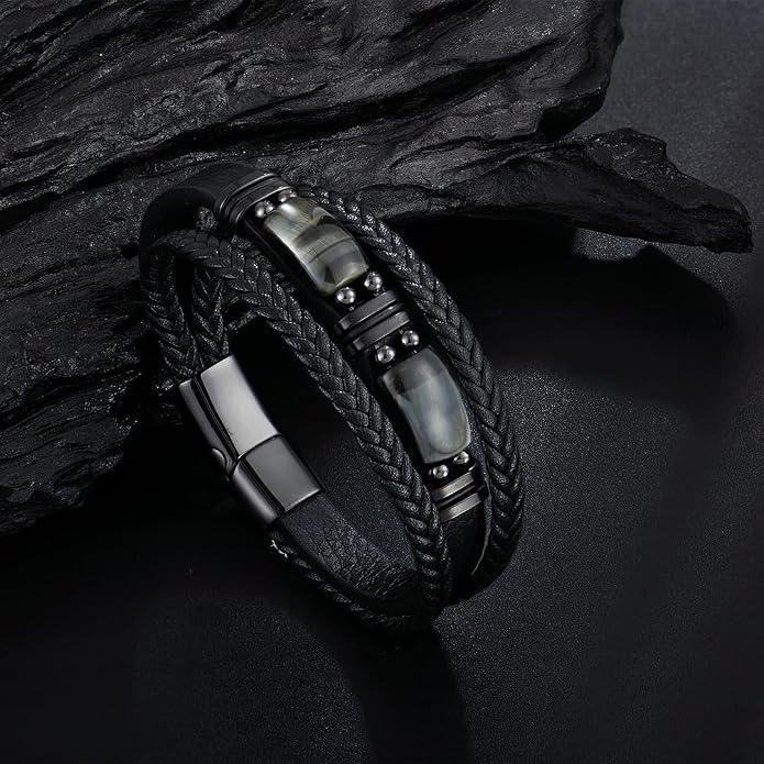 Mens Leather Bracelet Natural Tiger Eye Protection Multilayer Braided Wristband Bangle Gifts for Him