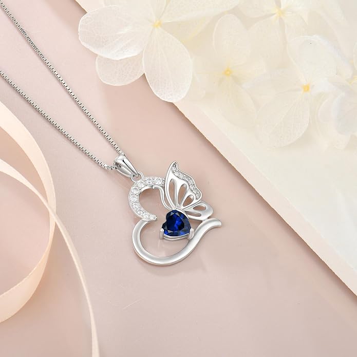Butterfly Necklace for Women 925 Sterling Silver Heart Pendant Birthstones Jewelry Gift