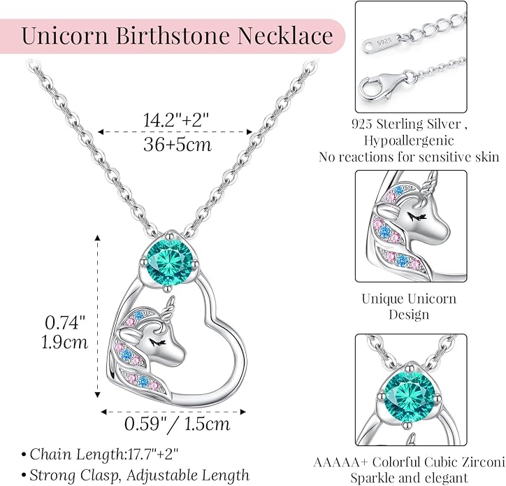 CDE Christmas Gift for women Cute Unicorn Birthstone Necklace for Girls Daughter 925 Sterling Silver Opal Heart Pendant Graduation Birthday Christmas Jewelry Gift for Teenage Girls Niece