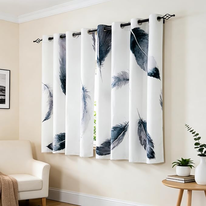 SUBRTEX Boho Leaf Printed Curtains 63 inch Long 2 Panels, Room Darkening Vibrant Floral Drapes, 50% Blackout Light Flitering Semi Sheer Farmhouse Curtains for Living Room, 52Wx63L, Dusty Blue Feather