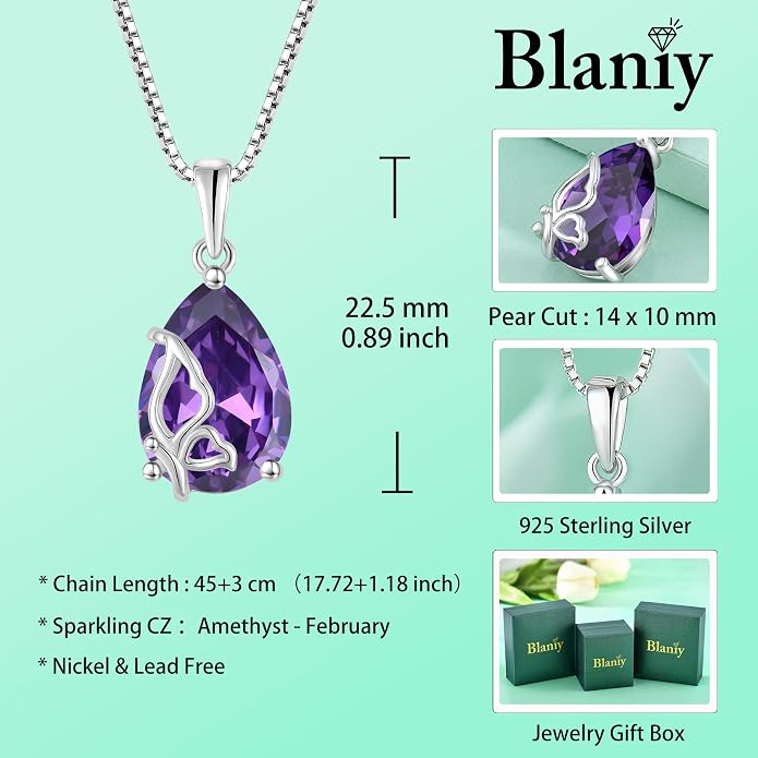 Teardrop Necklace 925 Sterling Silver Butterfly Pendant Necklace Birthstone Jewelry for Women