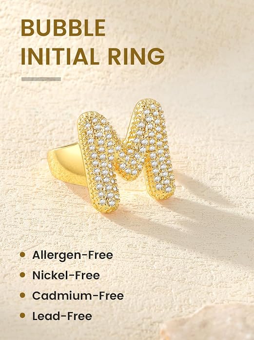 KeyStyle Bold Initial Letter Rings Adjustable, GoldChic Jewelry Women Gold Statement Ring Personalized Engraved Women’s Open Signet Ring for Party (Gold, White Gold, Black)