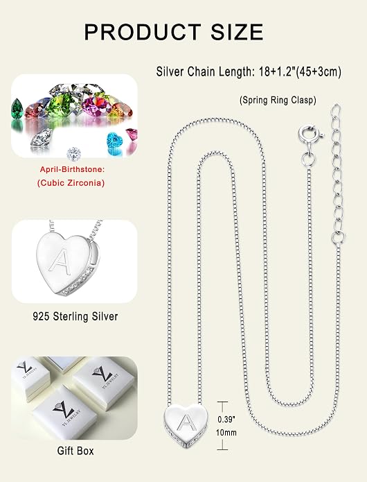 YL Initial Necklace 925 Sterling Silver Heart Letter Pendant A-Z Alphabet Cubic Zirconia Jewelry for Women