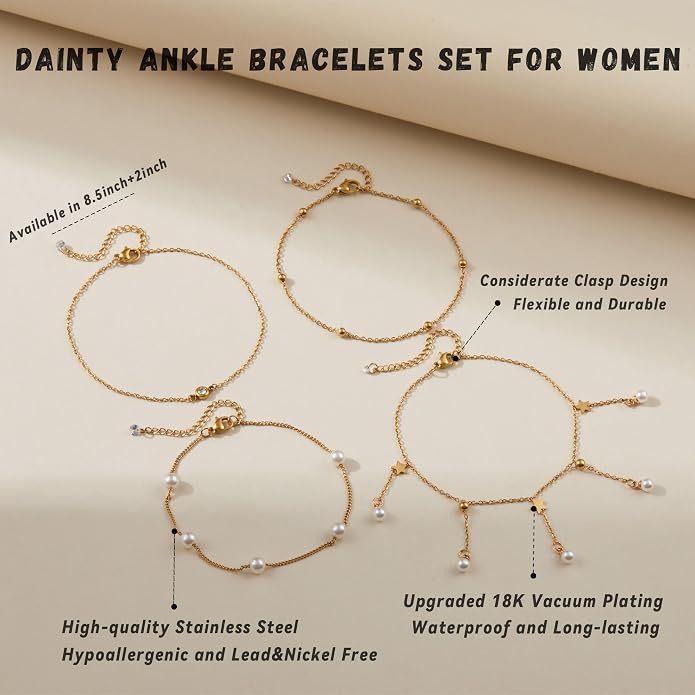 LOFITOR Ankle Bracelets for Women Glitter Waterproof Adjustable Anklet Set for Women 18K Gold Plated Silver Charm Dainty Layered Anklets, Summer Beach Anklet Jewelry for Women