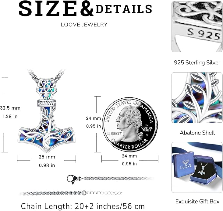 Celtic Cross Tree of Life Necklace for Women Sterling Silver Thor Hammer Tree of Life Pendant Irish Knot Cross Amulet Tree of Life Jewelry
