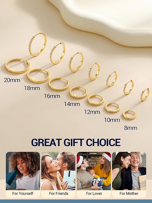 PROSTEEL Hoop Earrings for Women, Huggie Hoop with 925 Sterling Silver Post, 8/10/12/14/16/18/20mm Small Huggie Hoops, 14K Gold Plated/Silver/Black/Rose Gold Hypoallergenic Earrings Jewelry