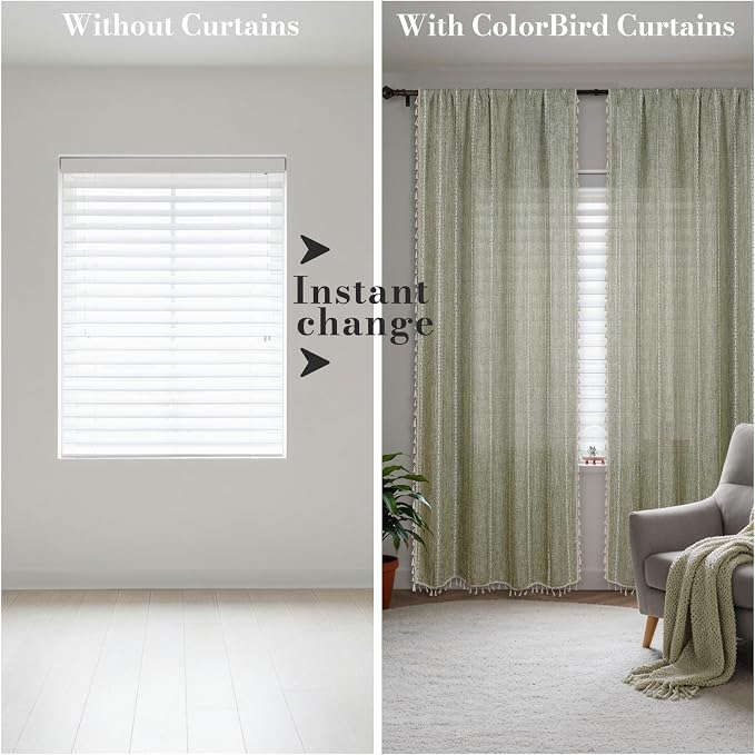 ColorBird Sage Green Boho Linen-Textured Floor to Ceiling Curtains for Living Room Sliding Door Light Filtering Farmhouse Whimsical Embroidered Striped Drapes 96 Inches for Nursery Bedroom