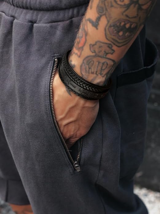 Mens Leather Cross Bracelet Multilayer Braided Wristband Bangle Bracelets with Stainless Steel Buckle Religious Gift for Men Brown/Black/Blue–8.3 inch