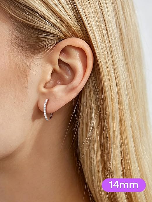 ChicSilver 925 Sterling Silver Huggie Earrings for Women 14K Gold Plated Silver Hoop Earrings for Women Hypoallergenic Small Cubic Zirconia Huggie Earring (6/8/10/12/14/16/18/20mm)