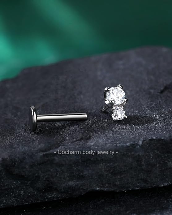Cocharm 14K Gold Cartilage Earring 16g Real Gold Flat Back Helix Piercing Jewelry Push Pin Tragus Conch Stud for Women Men