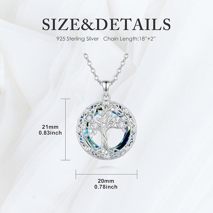 Tree of Life Birthstone Necklace 925 Sterling Silver Crystal Tree of Life Pendant Birthstone Jewelry Birthday Christmas Gifts for Women Mom Her Wife