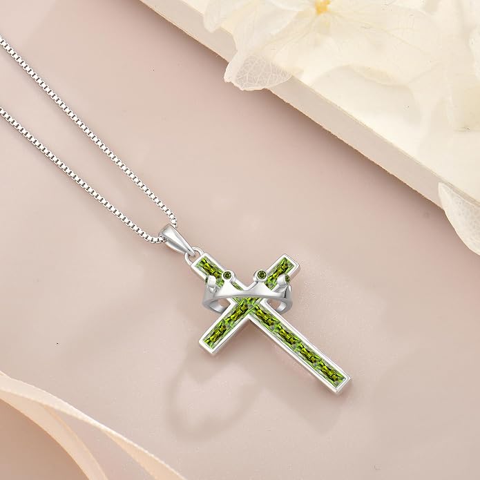 Gemstone Crown Cross Necklaces for Women, 925 Sterling Silver Rectangular cut Zircon Pendant With Rotated Crown Faith Cross Jewelry Gift