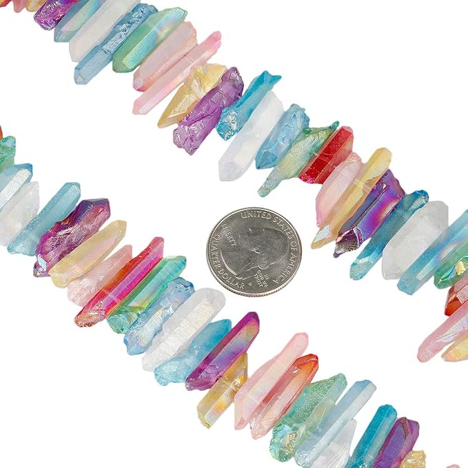SUNYIK Assorted Color AB Aura Titanium Coated Crystal Points Quartz Rough Sticks Spikes Point Beads 15 inch Strand Drilled