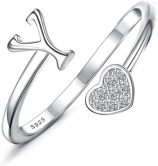 MILACOLATO 925 Sterling Silver Initial Rings for Women Teen Girl 18K Gold Plated Heart Initial Rings Adjustable Capital Letter Ring Stackable Thumb Pinky Rings for Daughter Birthday Bridesmaid Gifts Jewelry, A to Z