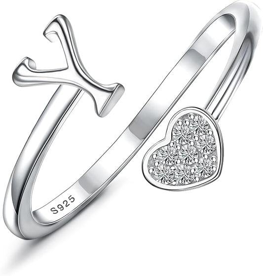 MILACOLATO 925 Sterling Silver Initial Rings for Women Teen Girl 18K Gold Plated Heart Initial Rings Adjustable Capital Letter Ring Stackable Thumb Pinky Rings for Daughter Birthday Bridesmaid Gifts Jewelry, A to Z