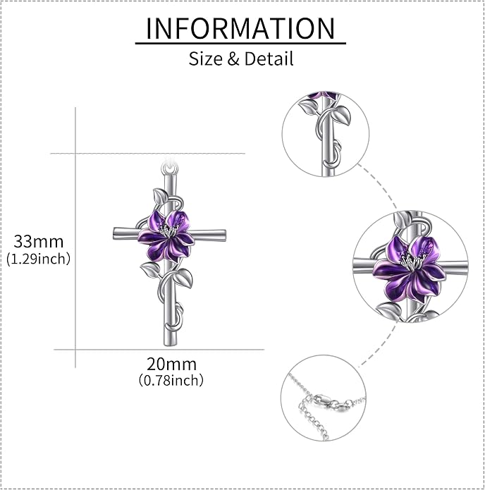 Flower Cross Necklace 925 Sterling Silver Carnation/Rose/Lily/Daisy Cross Necklace Birth Flower Jewelry for Women