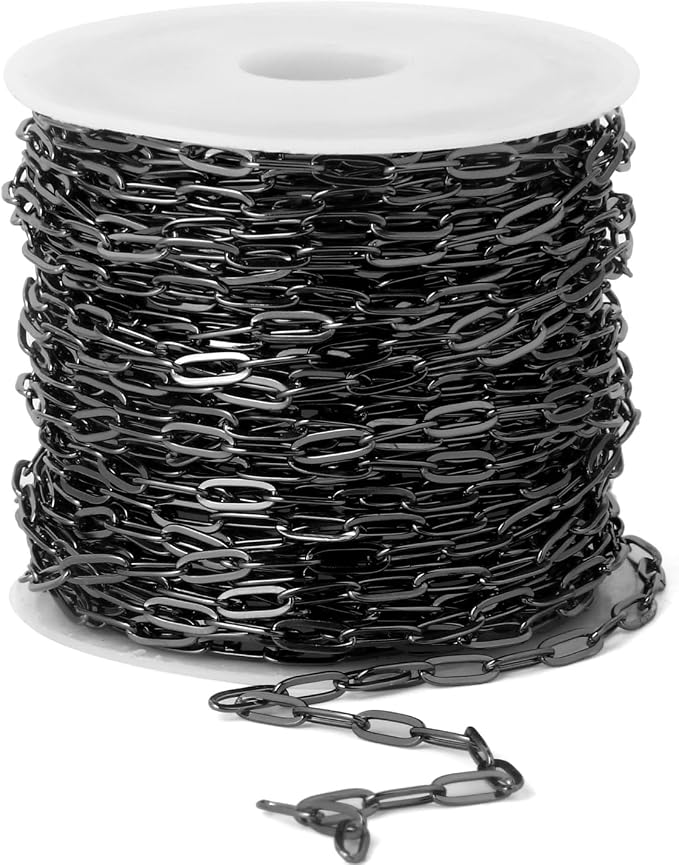 [33 Ft] Gunmetal Paperclip Chains Roll, 2.5mm Width 304 Stainless Steel Black Paperclip Oval Link Chain Spool Bulk for DIY Jewelry Making
