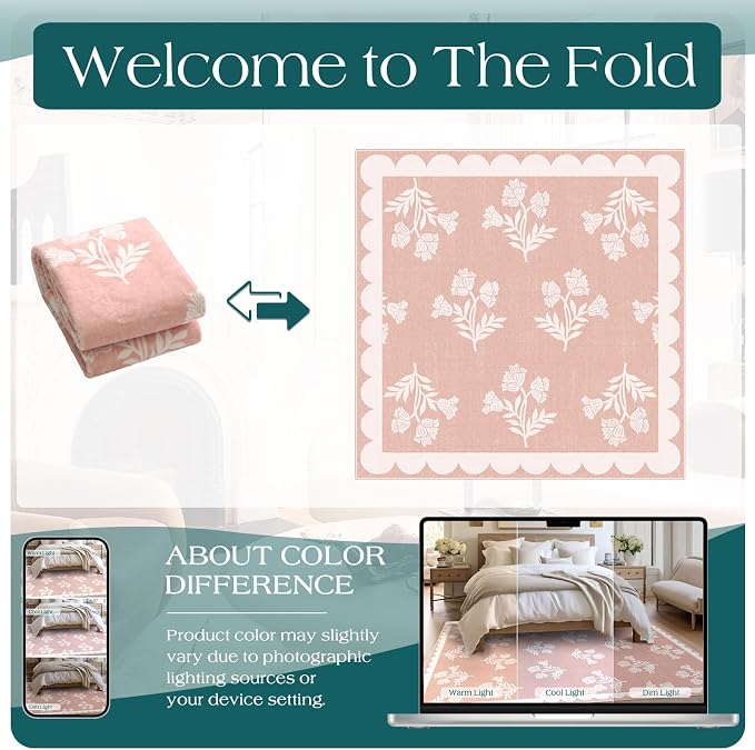 Pink Square Rug 4ft - Soft Washable Boho Floral Girls Bedroom Rug Non Slip 4x4 Stain Resistant Cute Scalloped Circle Square Area Rugs for Living Room Entryway Bathroom Dining Room Nursery Dorm