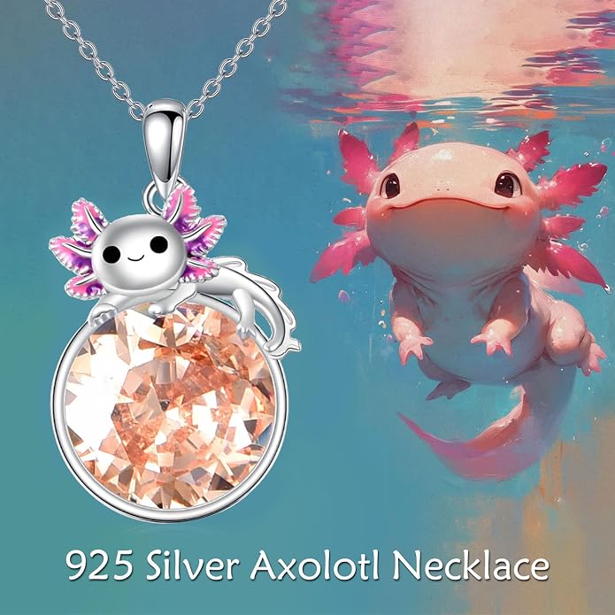 Birthstone Axolotl Necklace Sterling Silver Axolotl Pendant Cubic Zirconia Jewelry Birthday Gifts for Women Men