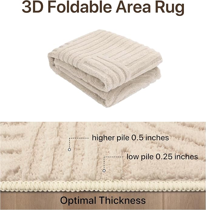 GENIMO Soft Washable Area Rugs 8x10, 3D Modern Arch Pattern Living Room Rug, High-Low Pile Textured Non Slip Fuzzy Carpet, Non-Shedding Stain Resistant Beige Rugs for Bedroom, Dining Room, Nursery