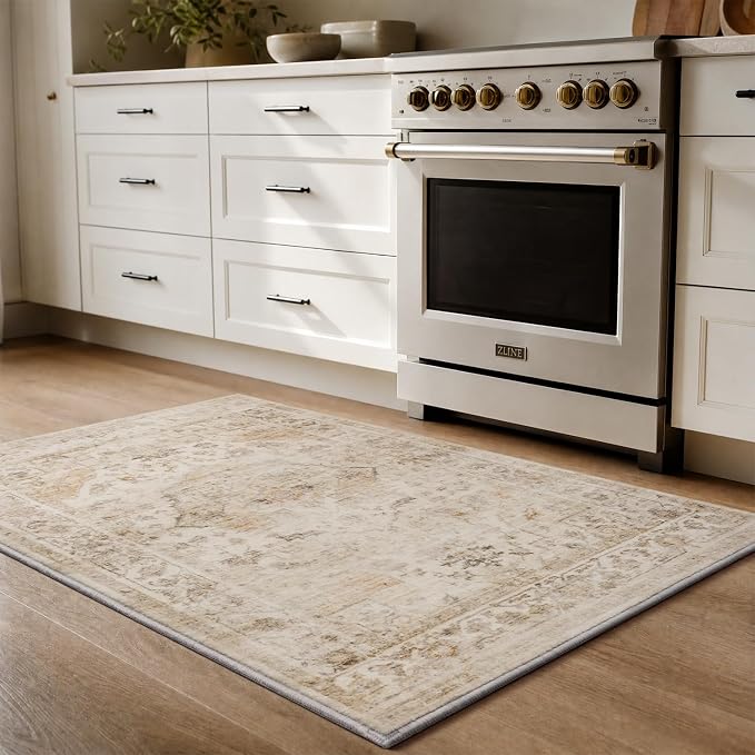 AMOAMI-2X3 Small Rug-Washable Rugs Entryway Mat Indoor-Soft Vintage Non Slip Rugs for Kitchen Laundry Room Bathroom Beige Decorative Accent Rug for in Front of Sink 24 Inch x36 Inch