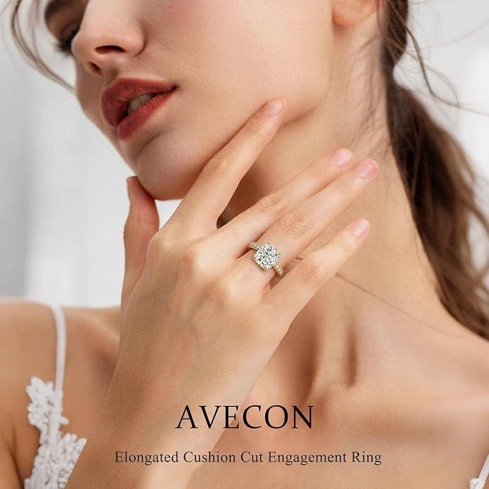 AVECON 3CT/5CT Elongated Cushion Cut Engagement Ring for Women, Wedding Promise Cubic Zirconia Band, White Gold Plated Bridal Half Eternity Rings with 4 Prong, Size 5-9