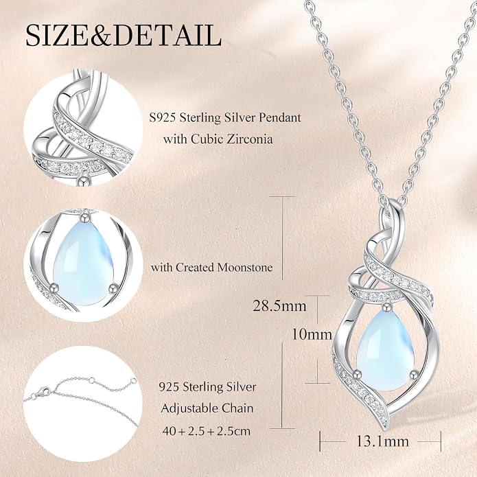 FANCIME Teardrop Birthstone Necklace for Women S925 Sterling Silver Elegant Ribbon Pendent Necklace Birthday Jewelry Gifts for Mom Wife Her, 16"+2" Inches