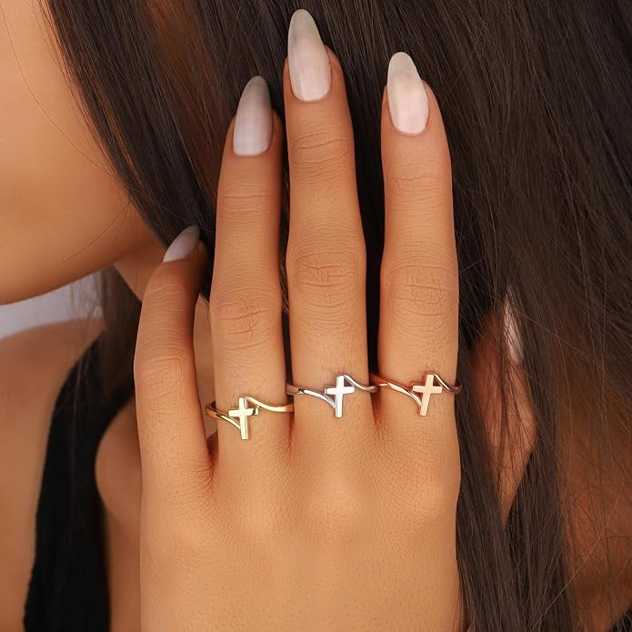Gold Cross Statement Rings for Women 14K Gold Silver Tone Non Tarnish Cute Band High Polished Smooth Comfort Fit Size 5-10