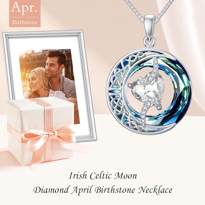 TOUPOP Birthstone Necklace 925 Sterling Silver Moon and Star Pendant Celtic Moon Jewelry with Blue Crystal Anniversary Birthday Gifts for Women Mom Wife Her
